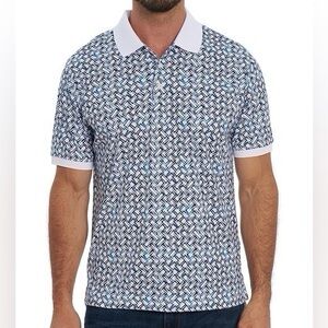 Robert Graham Classic Polo Shirt Mens XL Blue Geometric Basketweave Short Sleeve